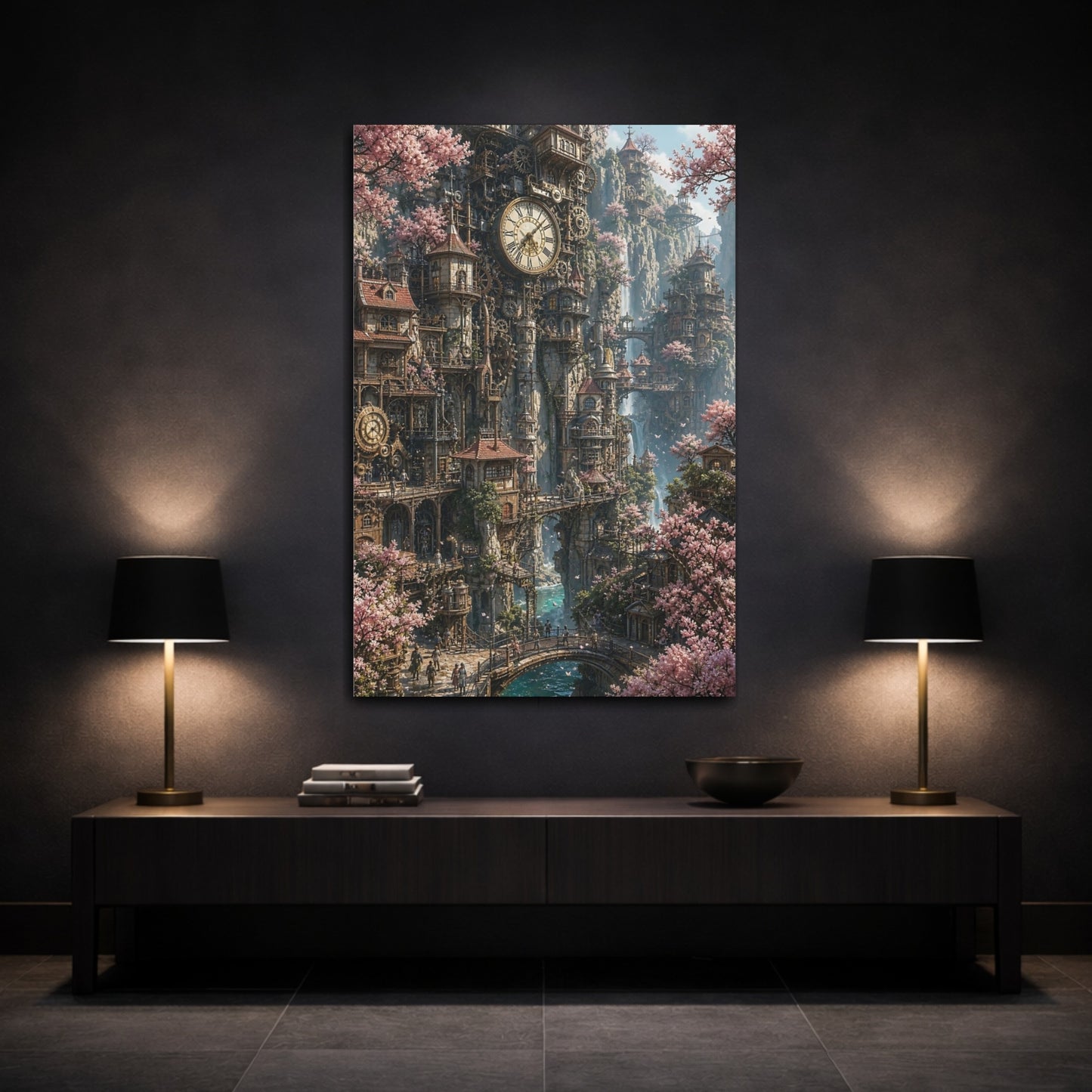 Mockup 3. Enchanted Clockwork City shown as canvas print