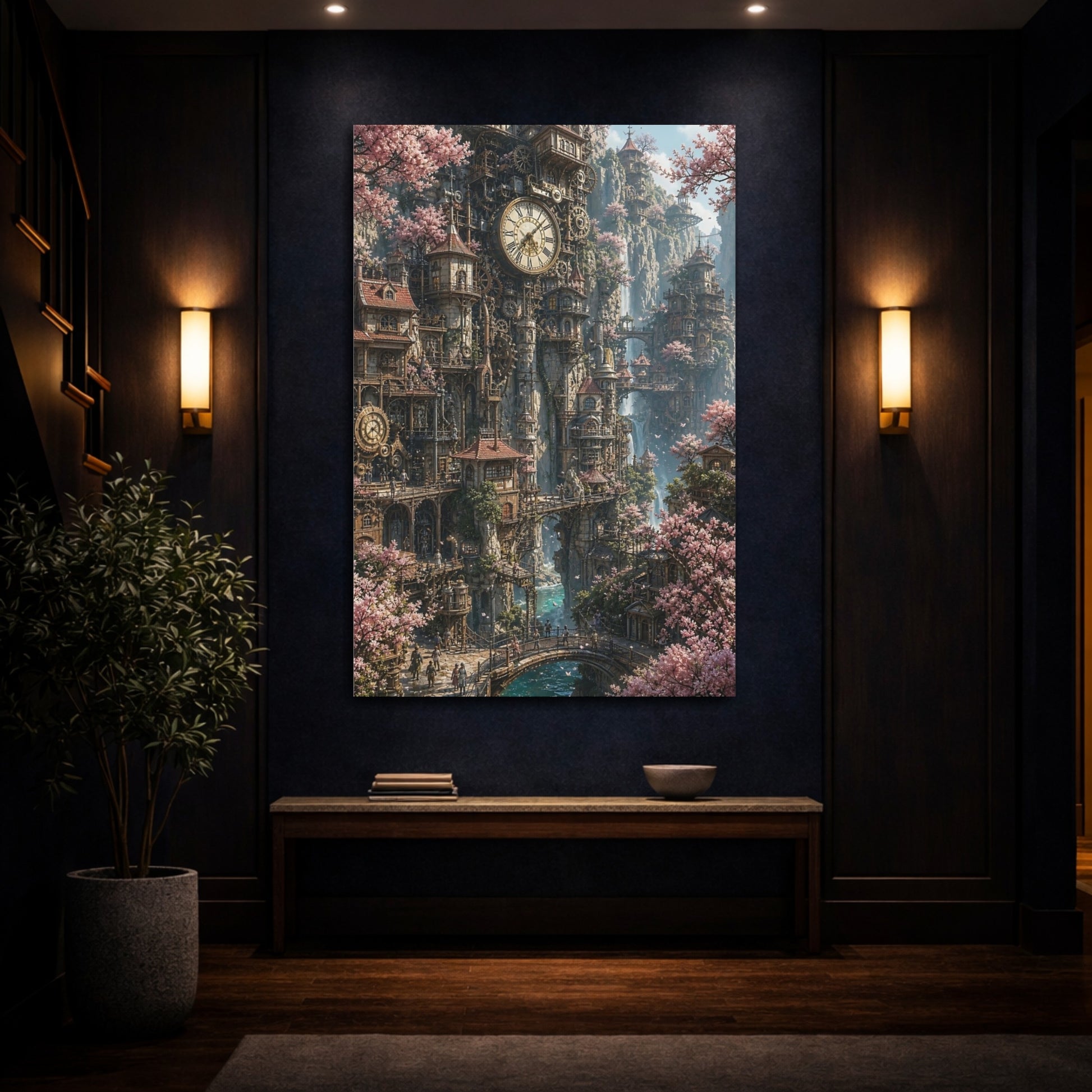 Mockup 4. Enchanted Clockwork City shown as canvas print