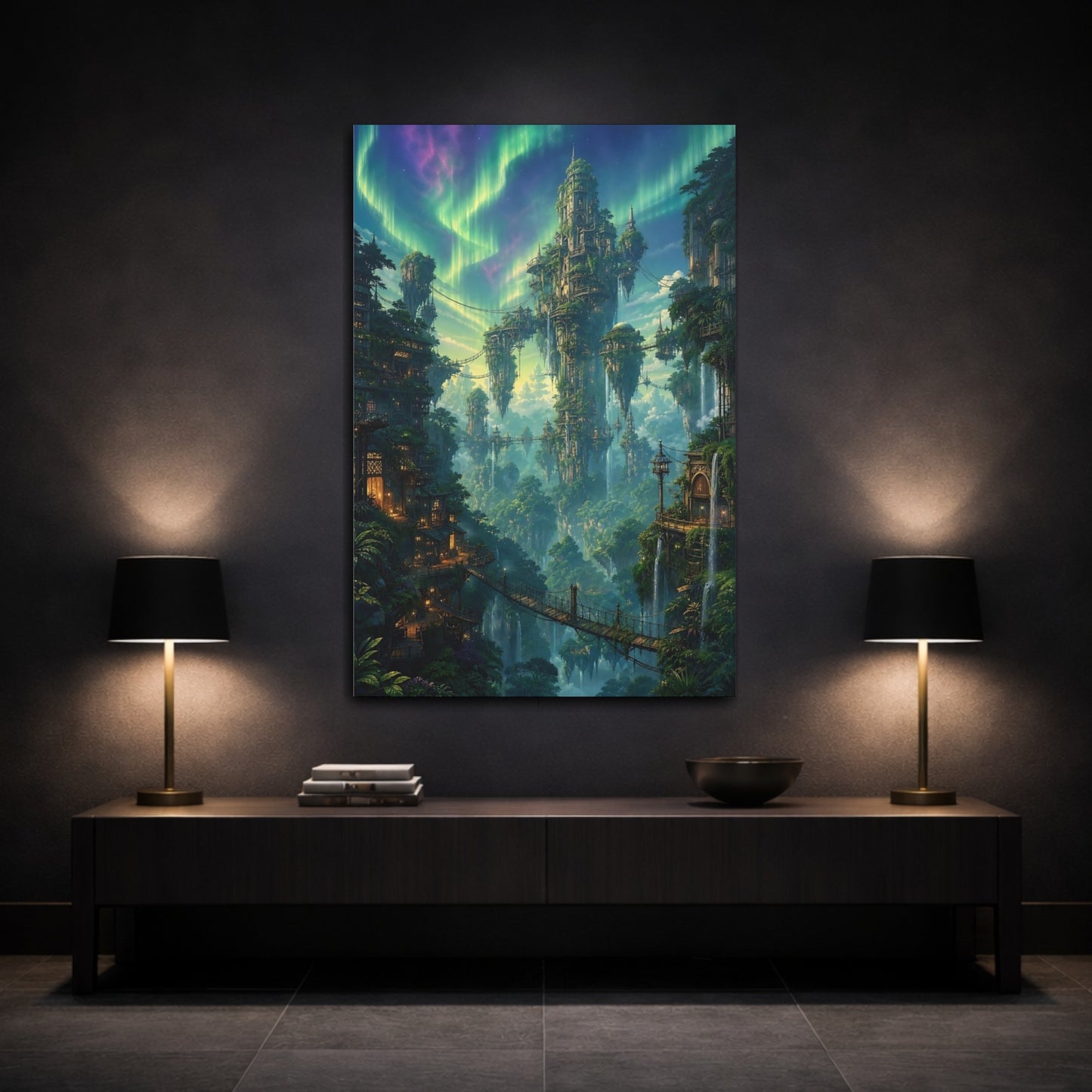 Mockup 3. Enchanted Floating City shown as canvas print