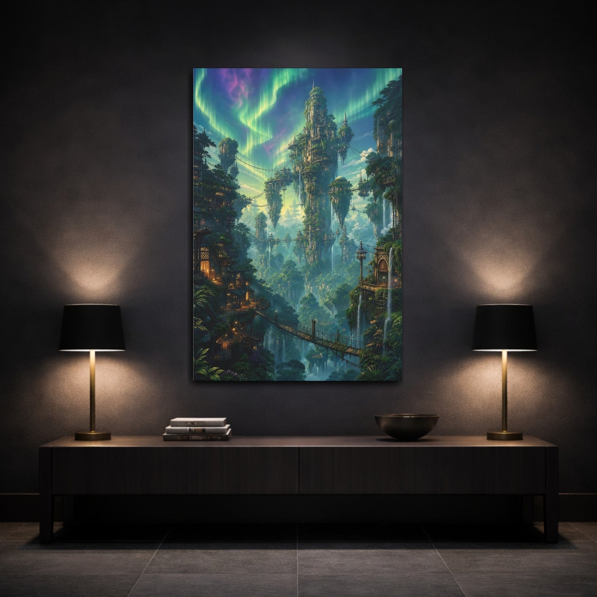 Mockup 3. Enchanted Floating City shown as canvas print