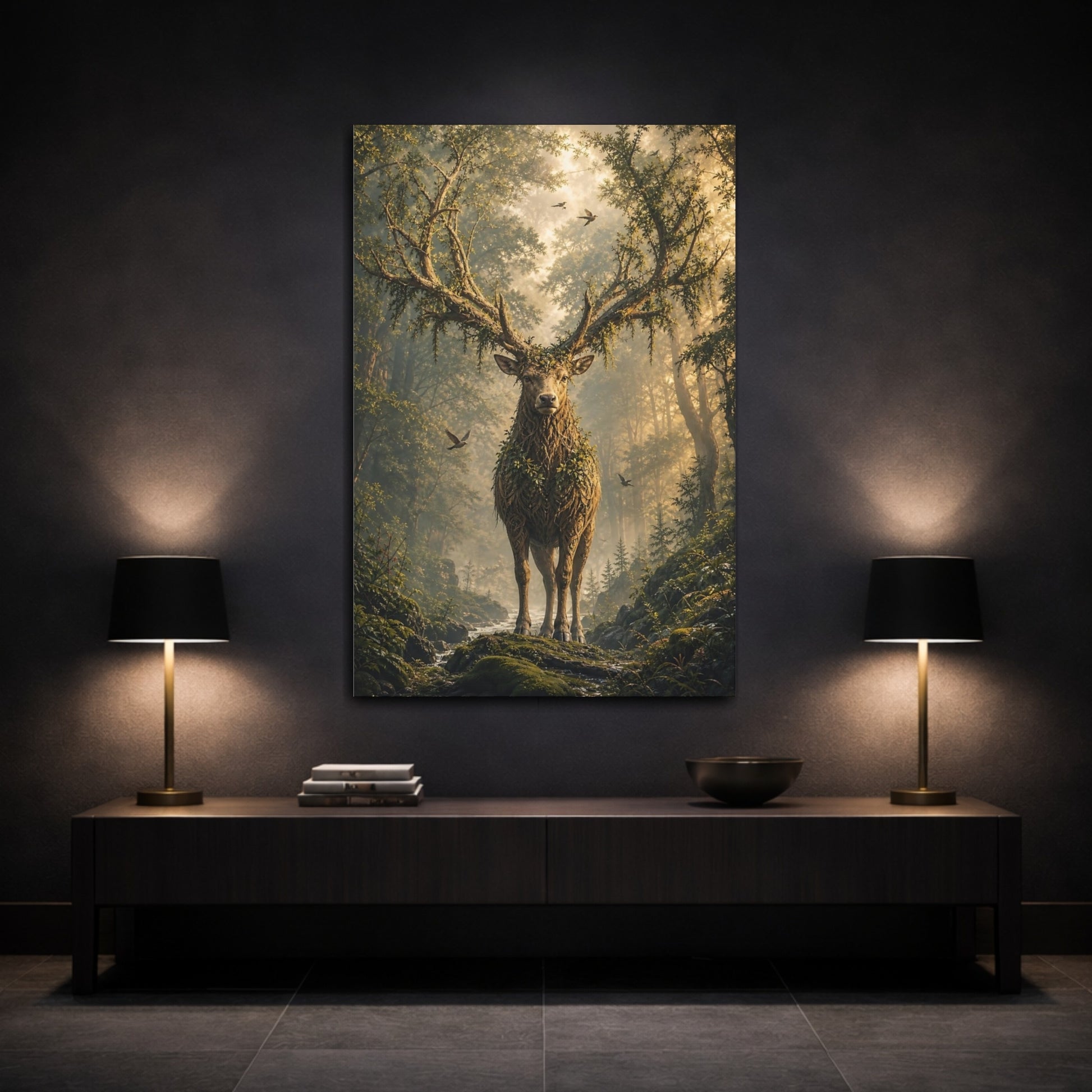 Mockup 3. Enchanted Forest Stag shown as canvas print