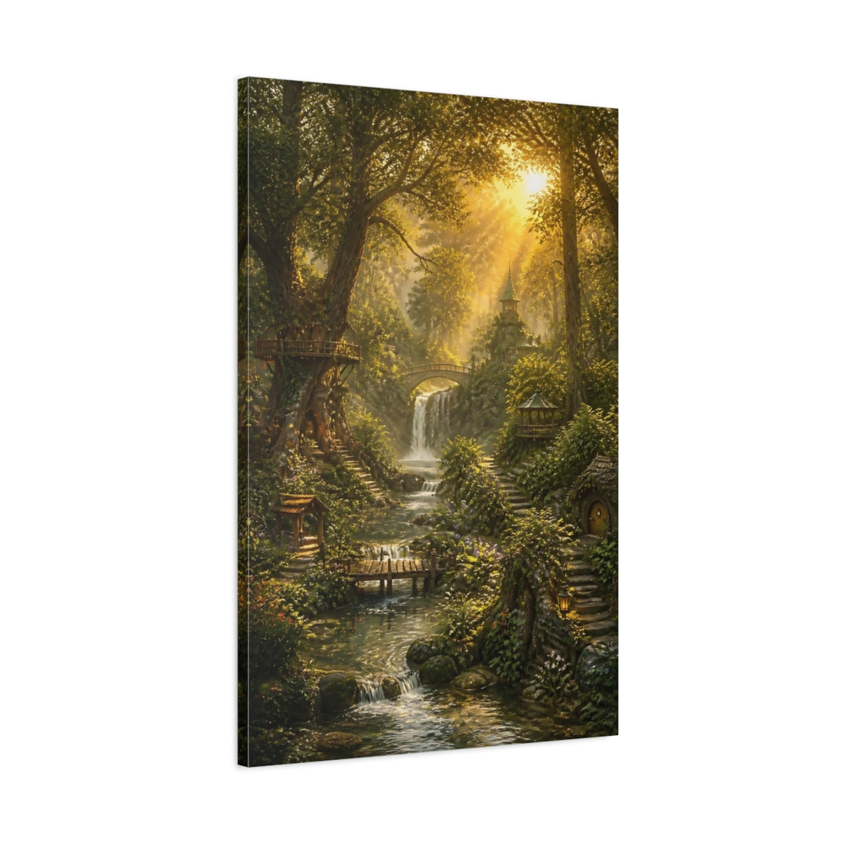 Main Mockup. Enchanted Forest Waterfall shown as canvas print