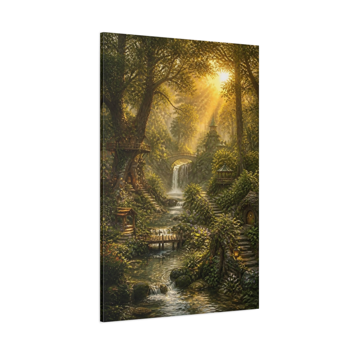 Side Mockup 1. Enchanted Forest Waterfall shown as canvas print