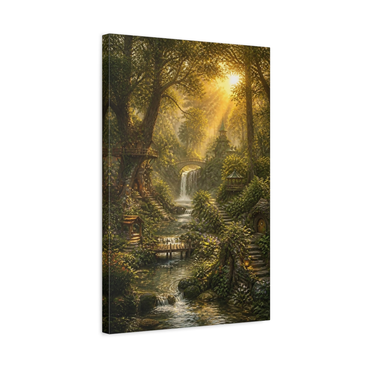 Side Mockup 3. Enchanted Forest Waterfall shown as canvas print