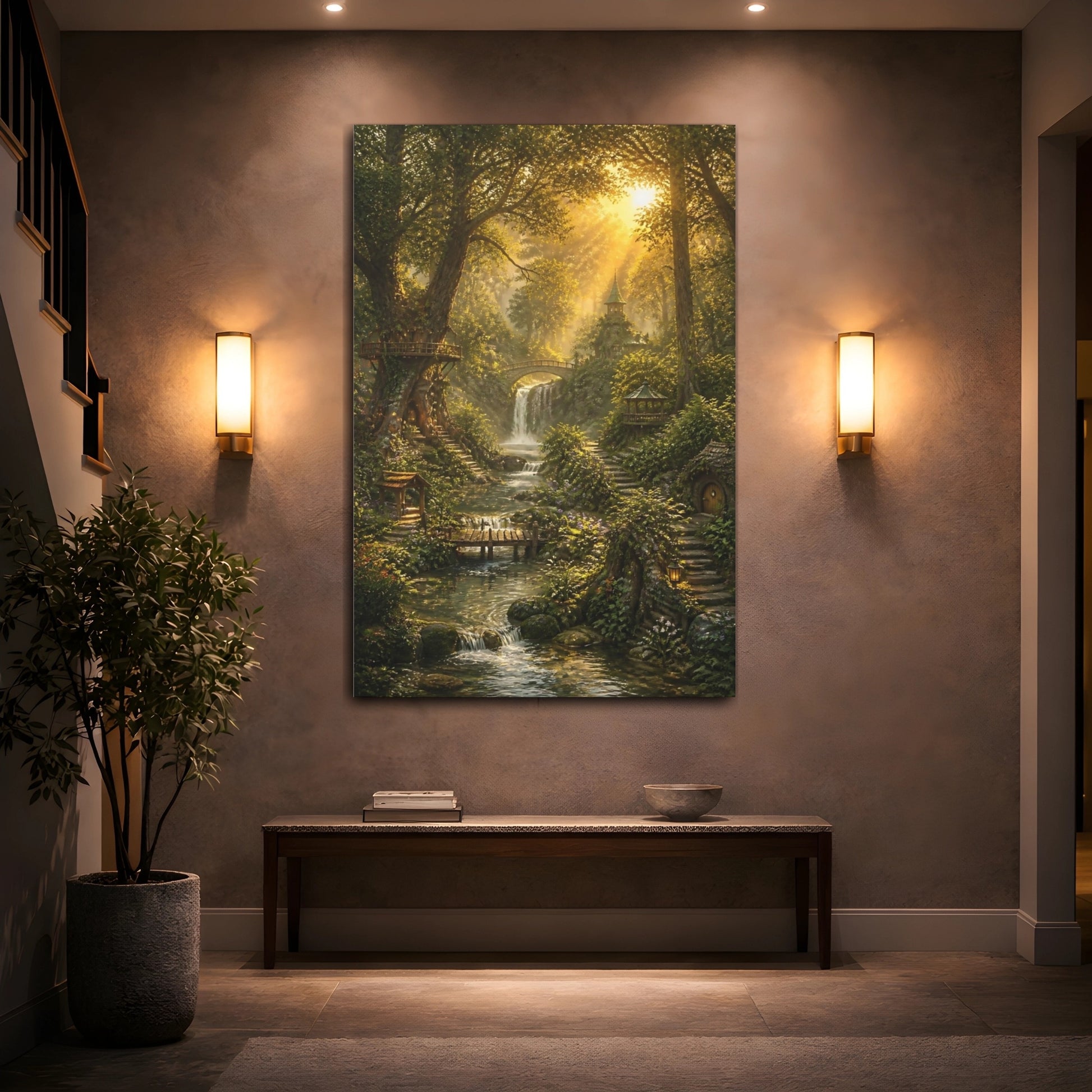 Mockup 2. Enchanted Forest Waterfall shown as canvas print
