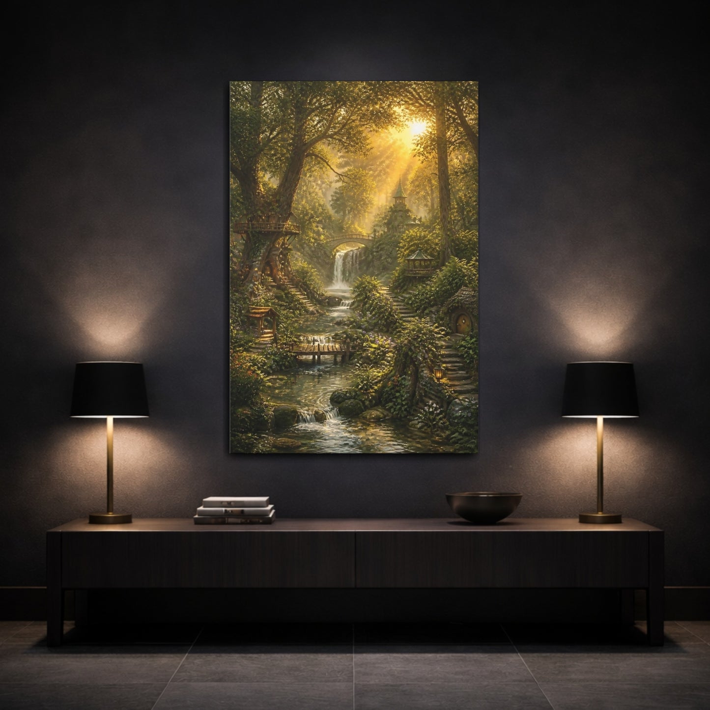 Mockup 3. Enchanted Forest Waterfall shown as canvas print