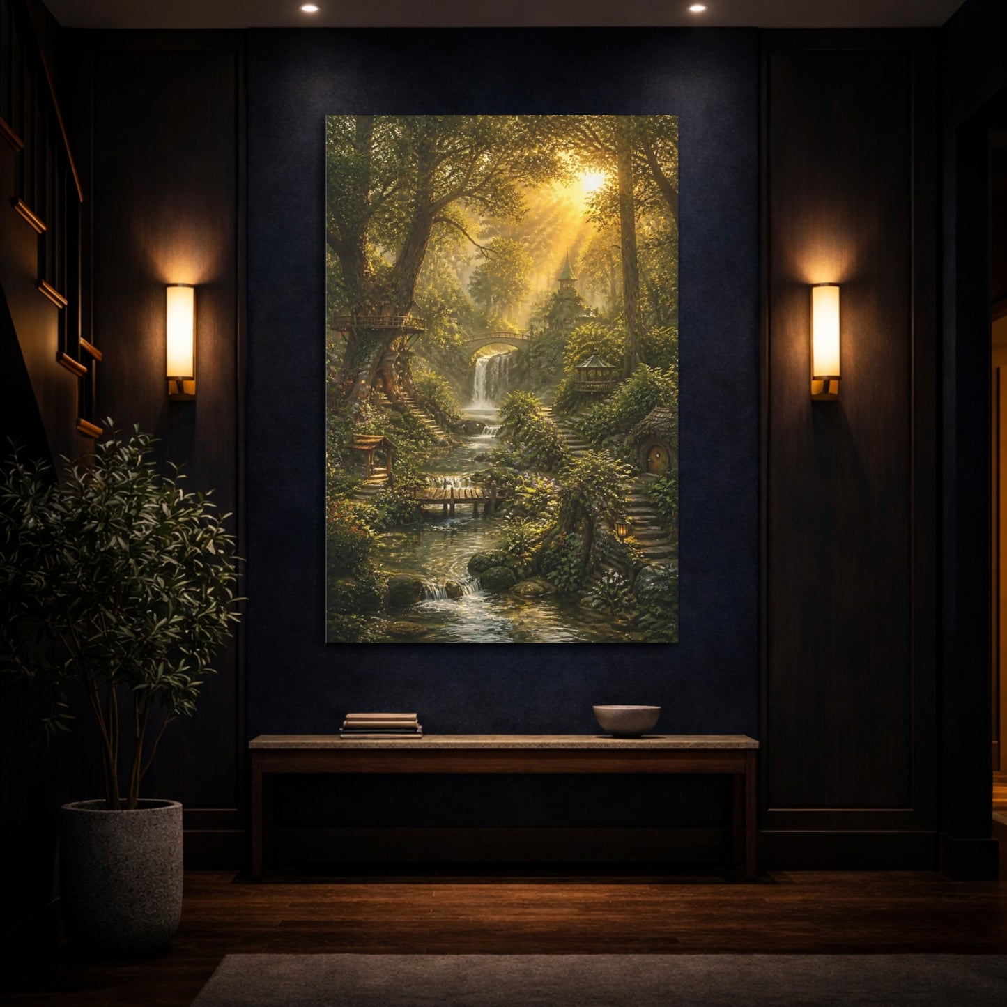 Mockup 4. Enchanted Forest Waterfall shown as canvas print