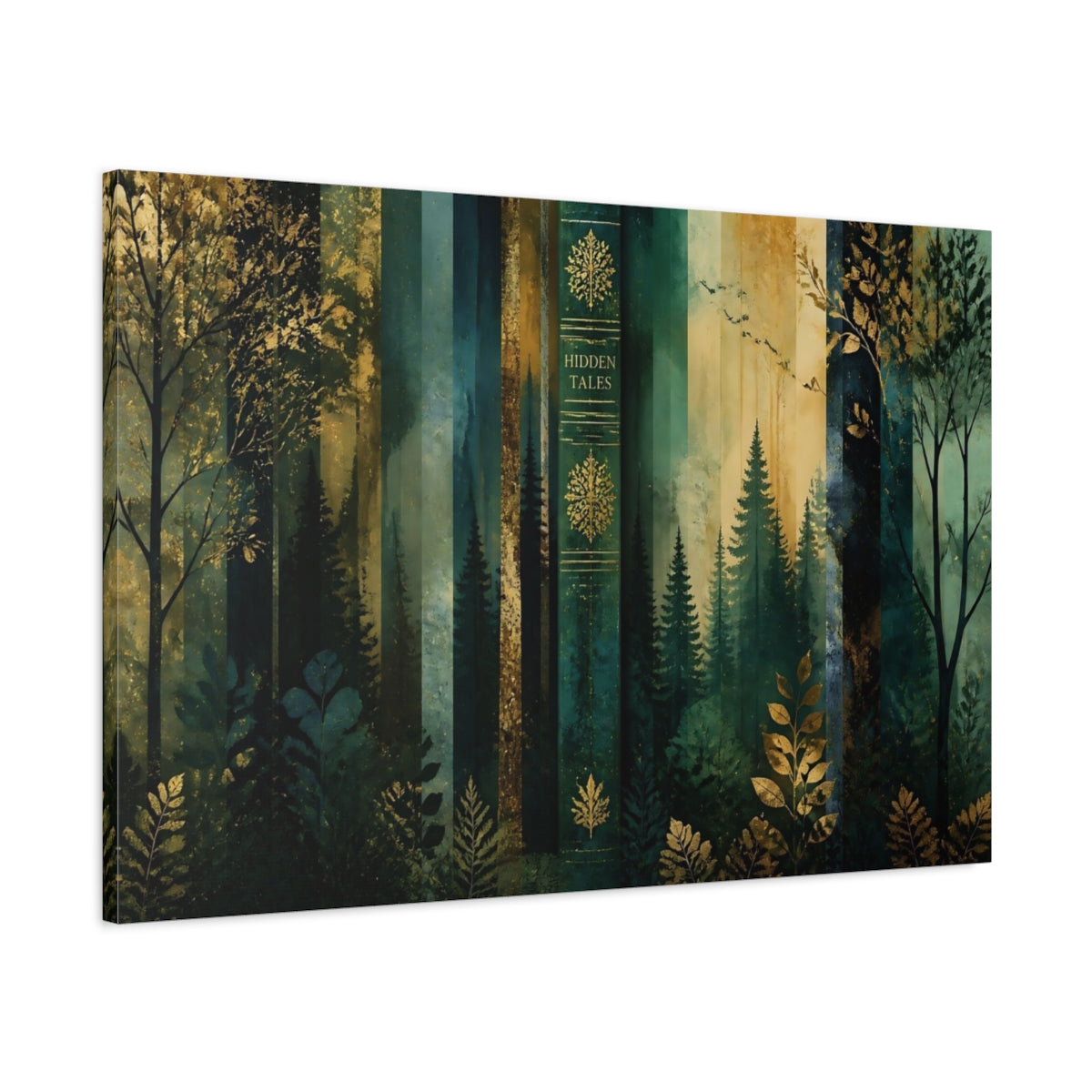 Main Mockup. Enchanted Gold Forest shown as canvas print