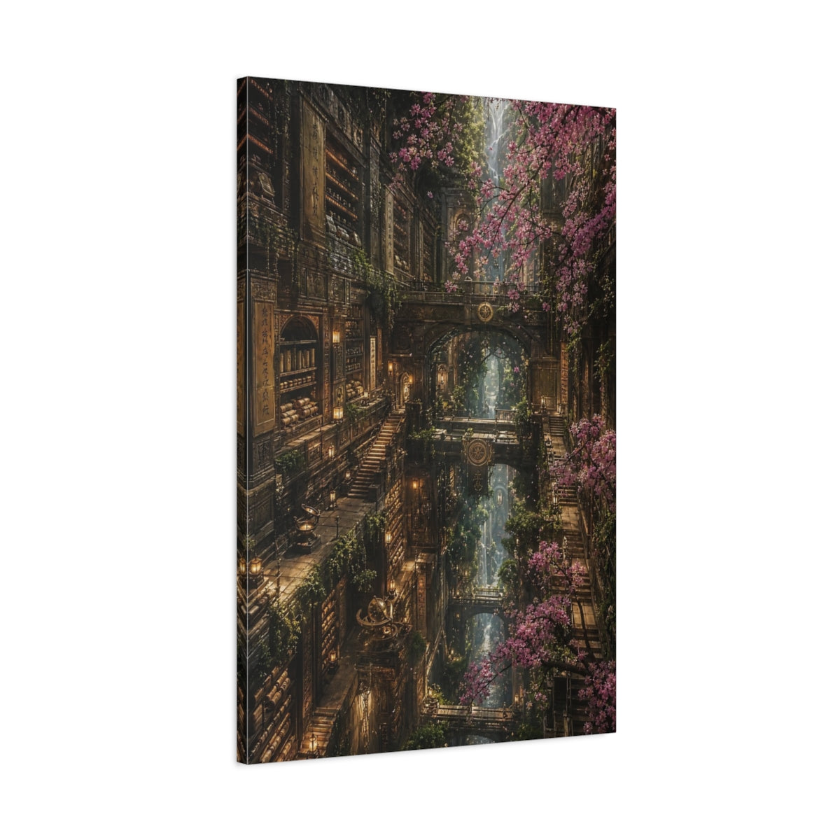 Main Mockup. Enchanted Library With Blossoms shown as canvas print