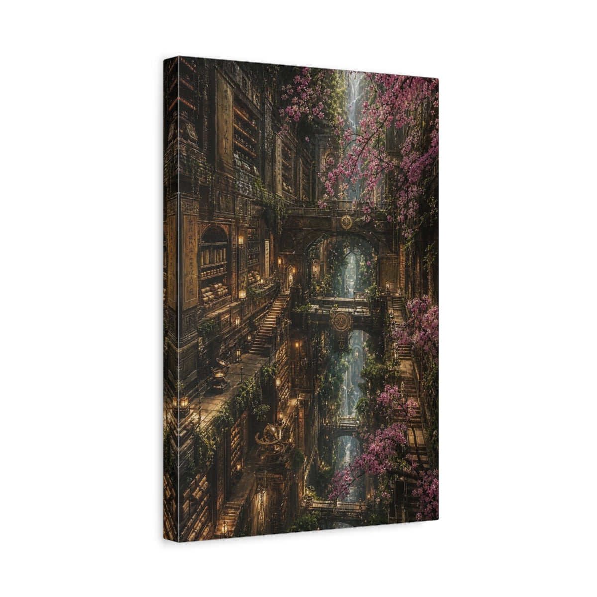 Side Mockup 4. Enchanted Library With Blossoms shown as canvas print
