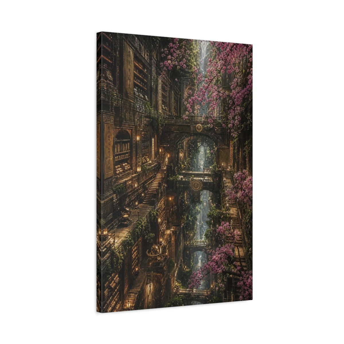 Side Mockup 2. Enchanted Library With Blossoms shown as canvas print