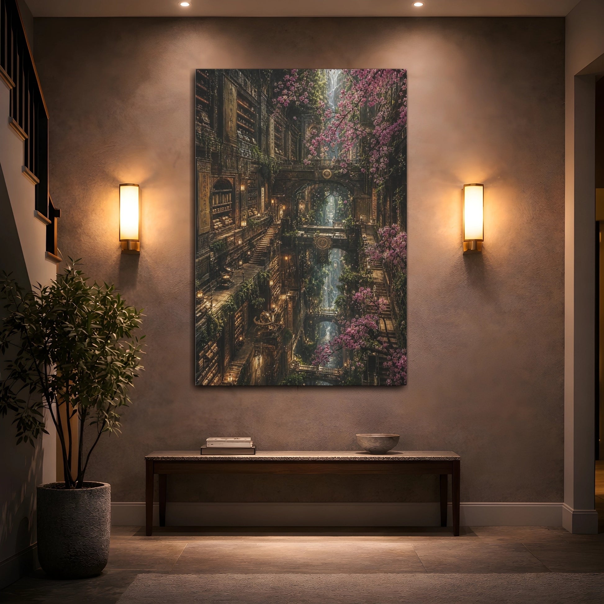 Mockup 2. Enchanted Library With Blossoms shown as canvas print