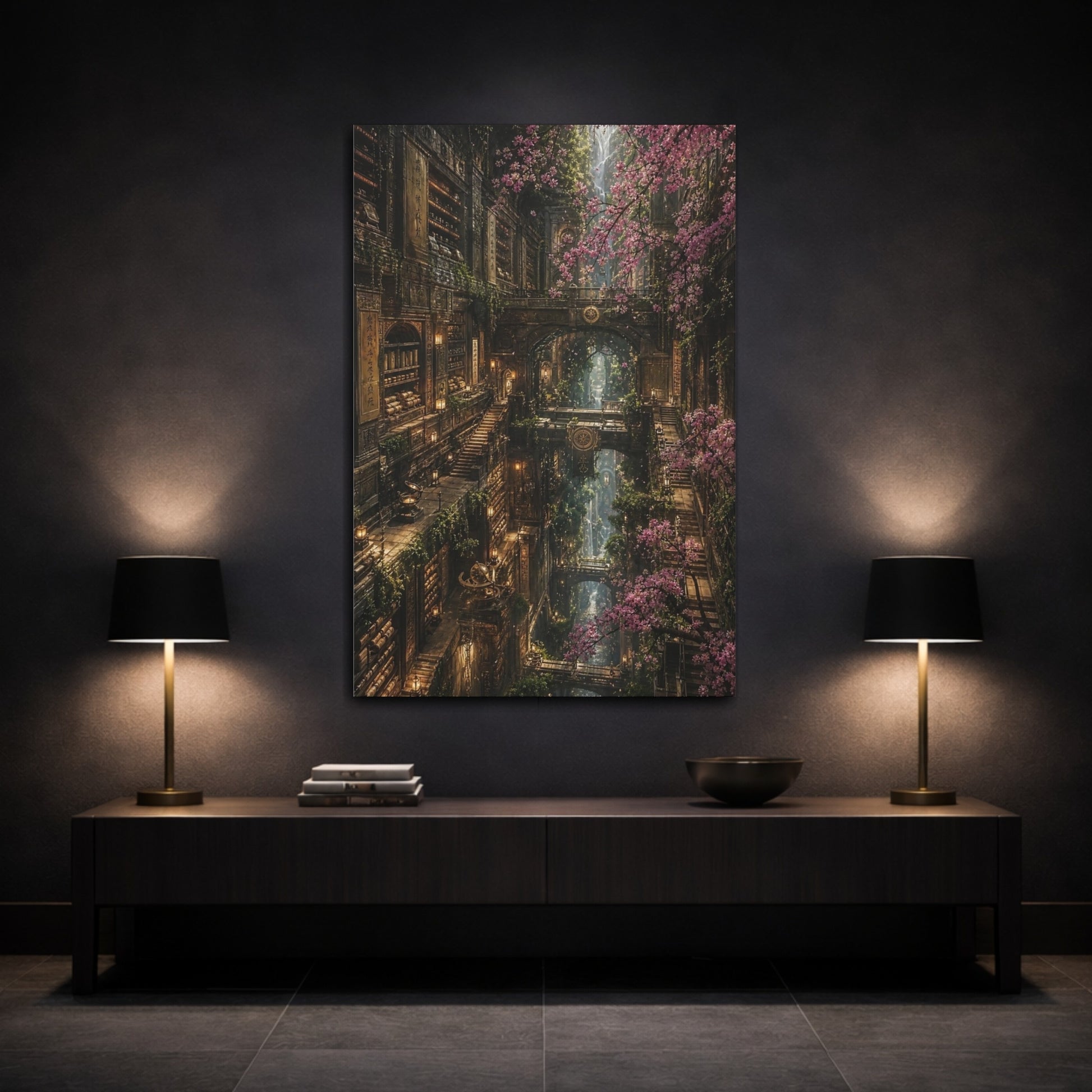 Mockup 3. Enchanted Library With Blossoms shown as canvas print