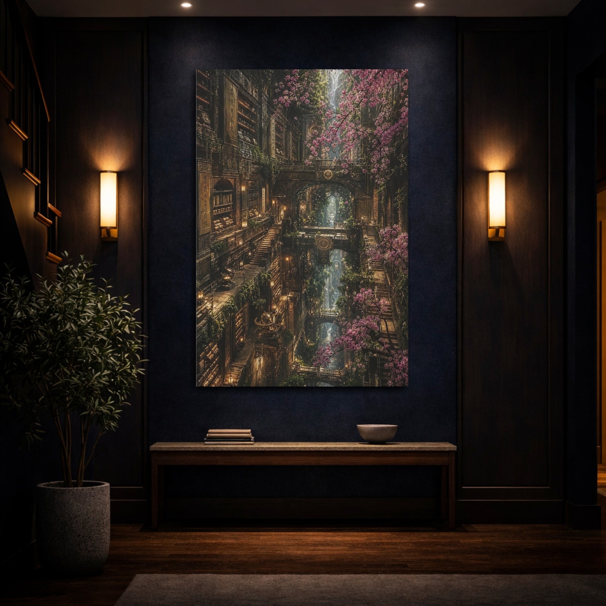 Mockup 4. Enchanted Library With Blossoms shown as canvas print