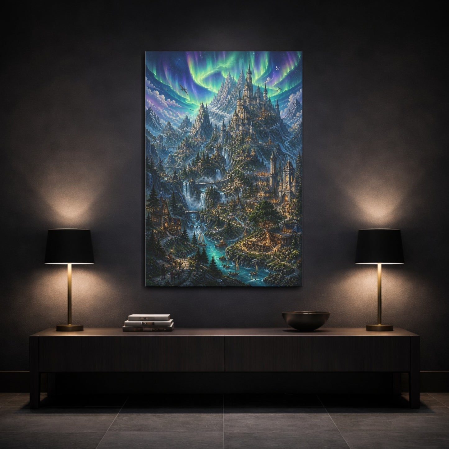 Mockup 3. Enchanted Mountain Castle shown as canvas print