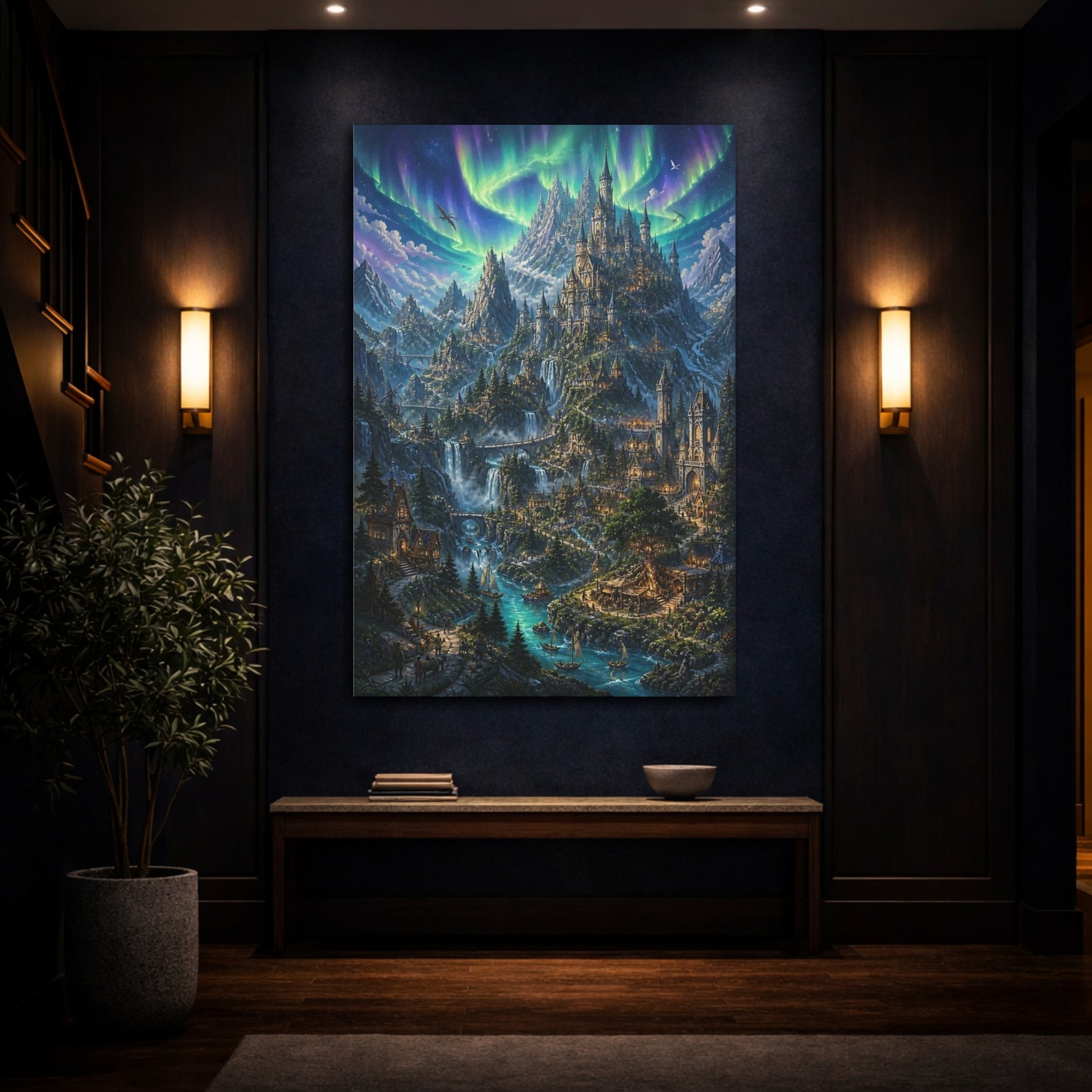 Mockup 4. Enchanted Mountain Castle shown as canvas print
