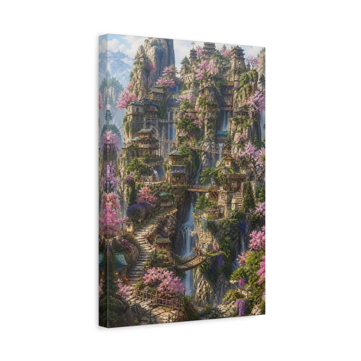 Side Mockup 4. Enchanted Mountain Village shown as canvas print