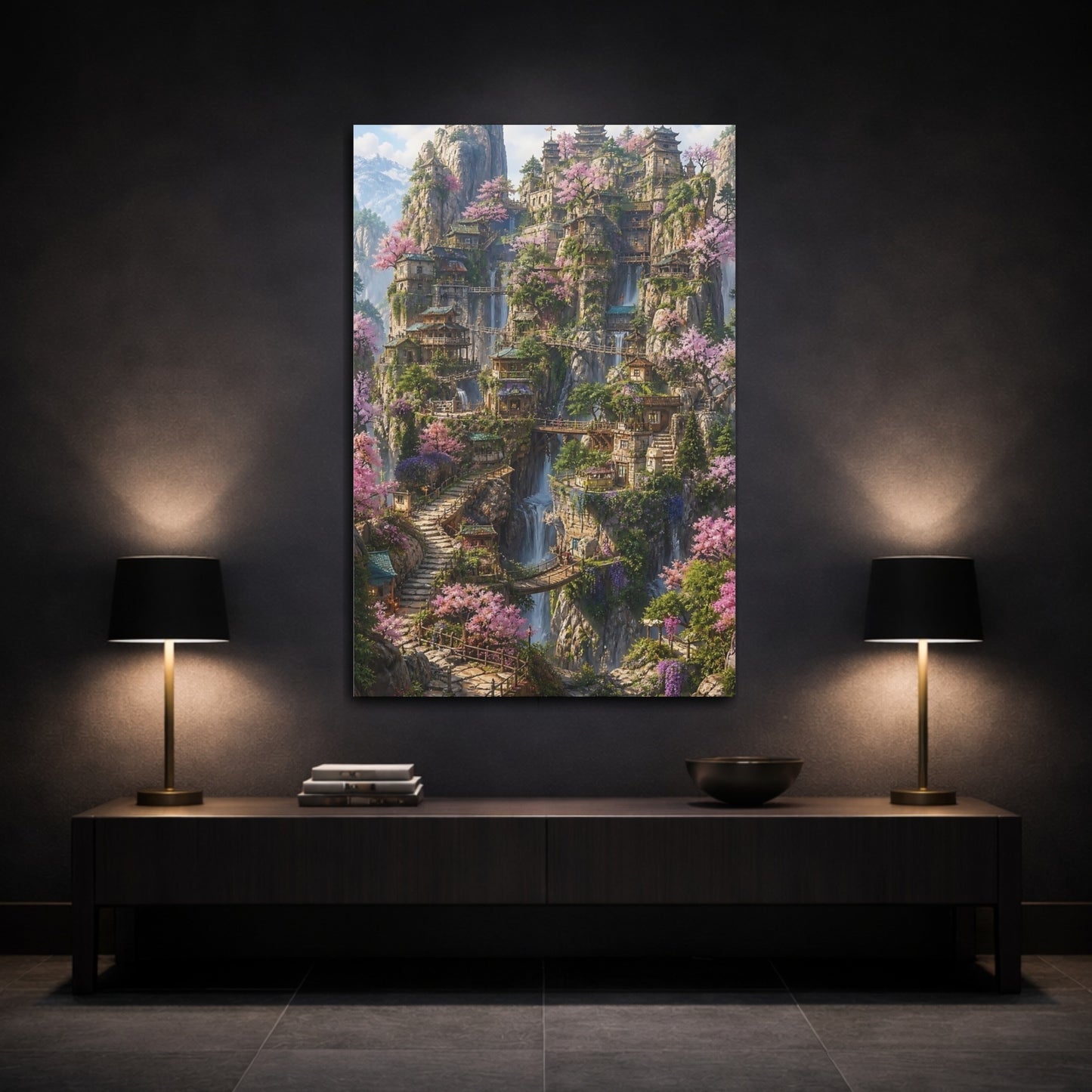 Mockup 3. Enchanted Mountain Village shown as canvas print