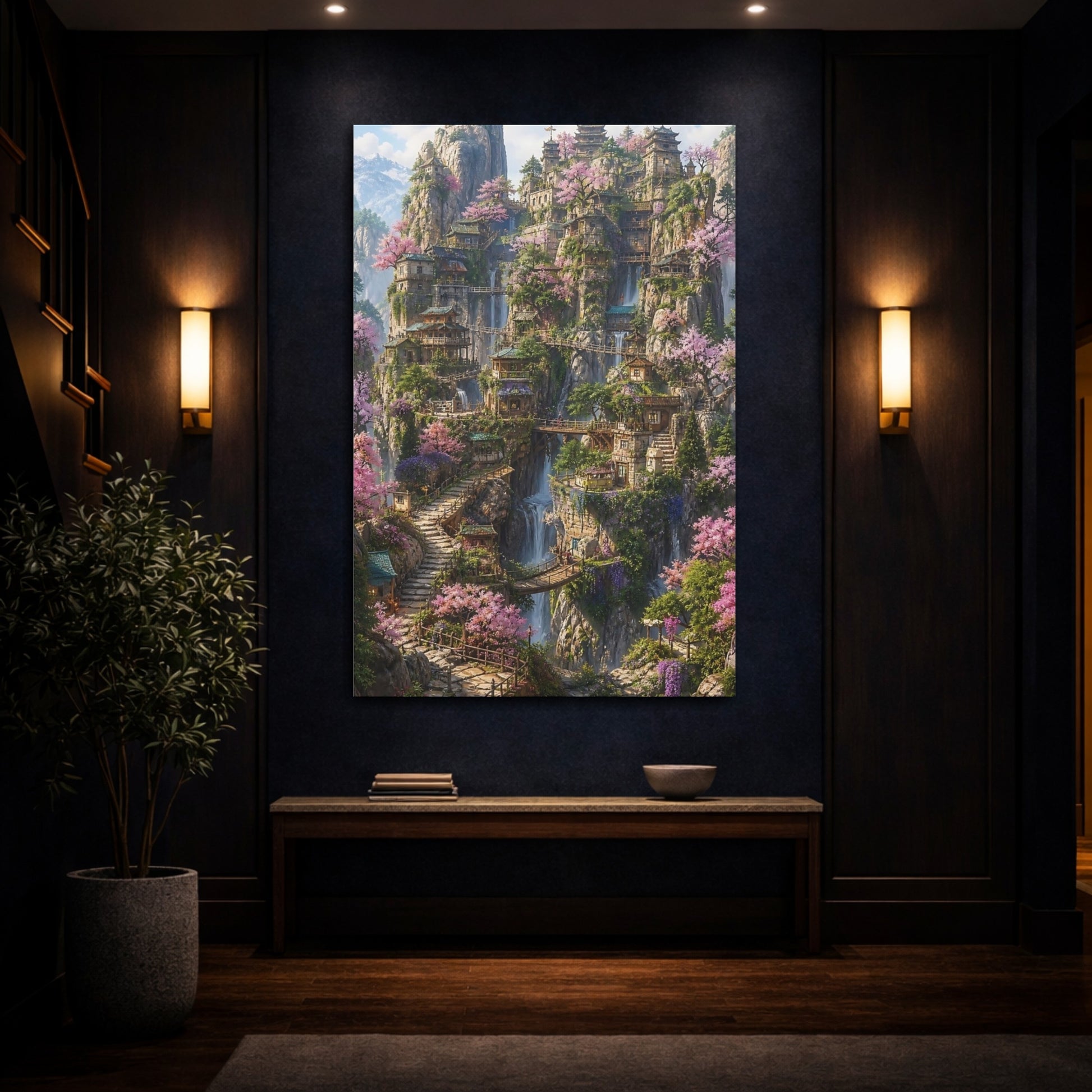 Mockup 4. Enchanted Mountain Village shown as canvas print
