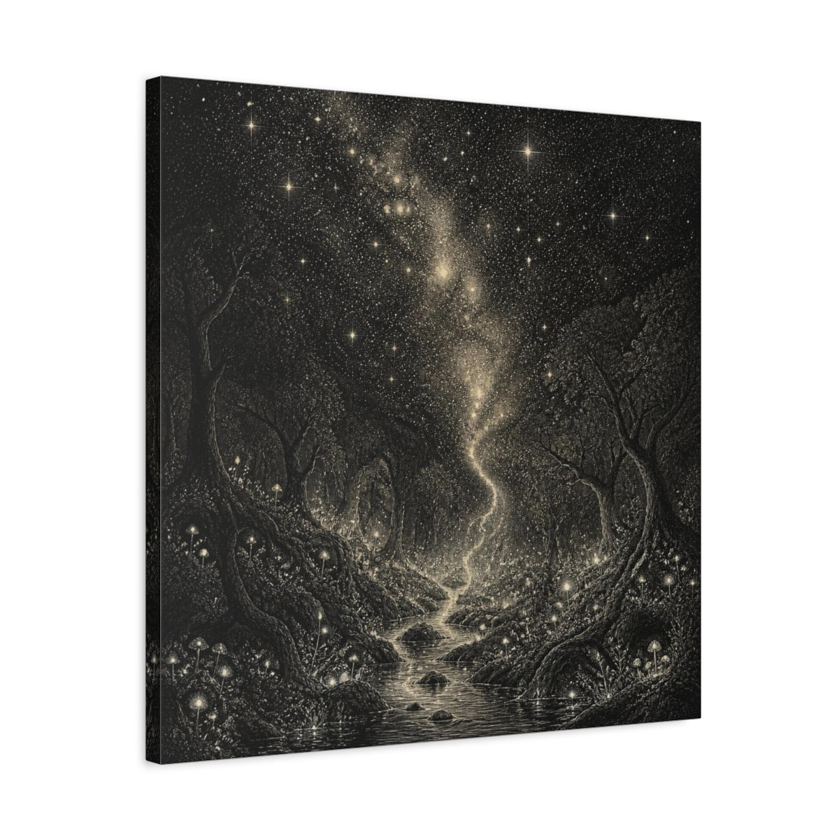 Side Mockup 4. Enchanted Starry Forest shown as canvas print