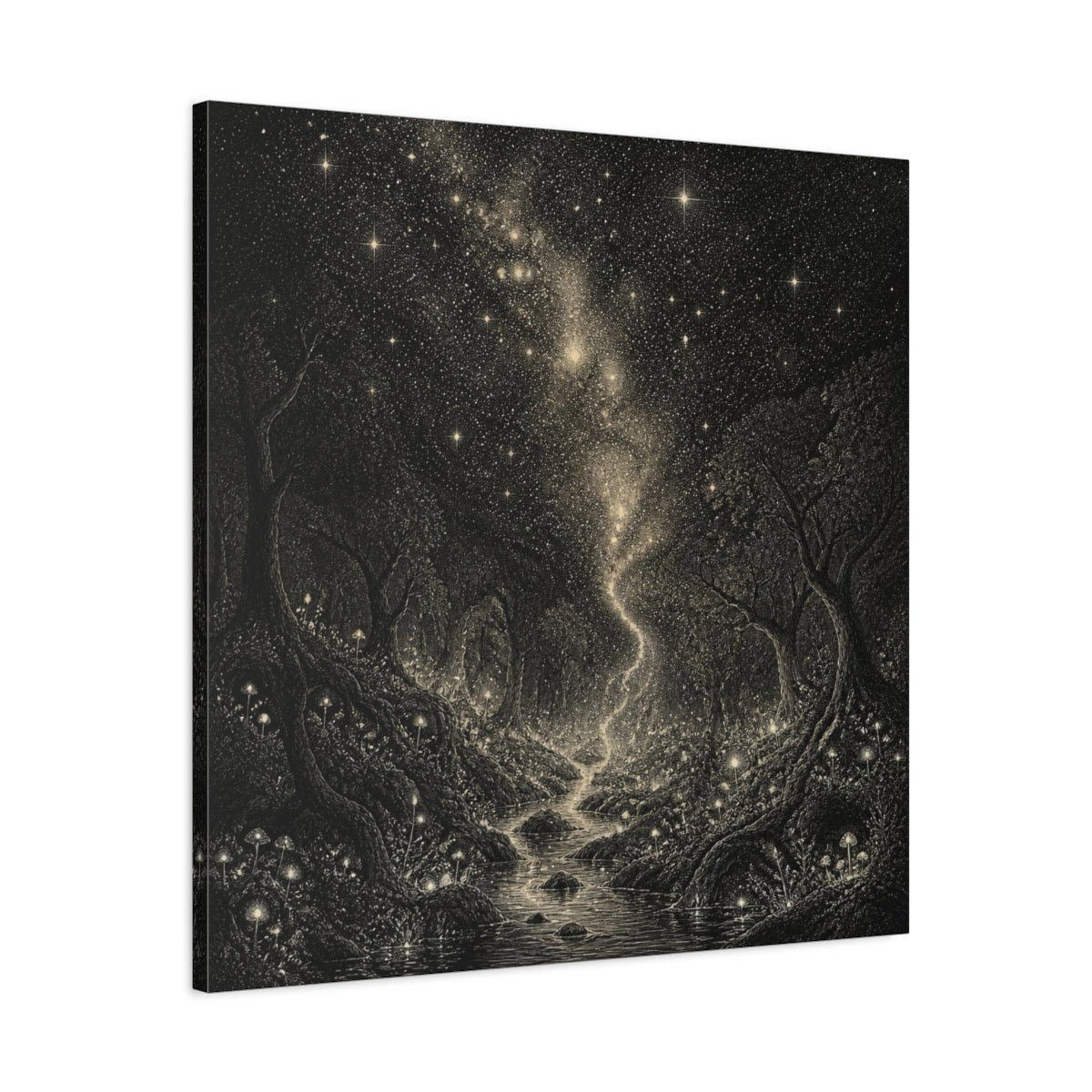 Side Mockup 3. Enchanted Starry Forest shown as canvas print