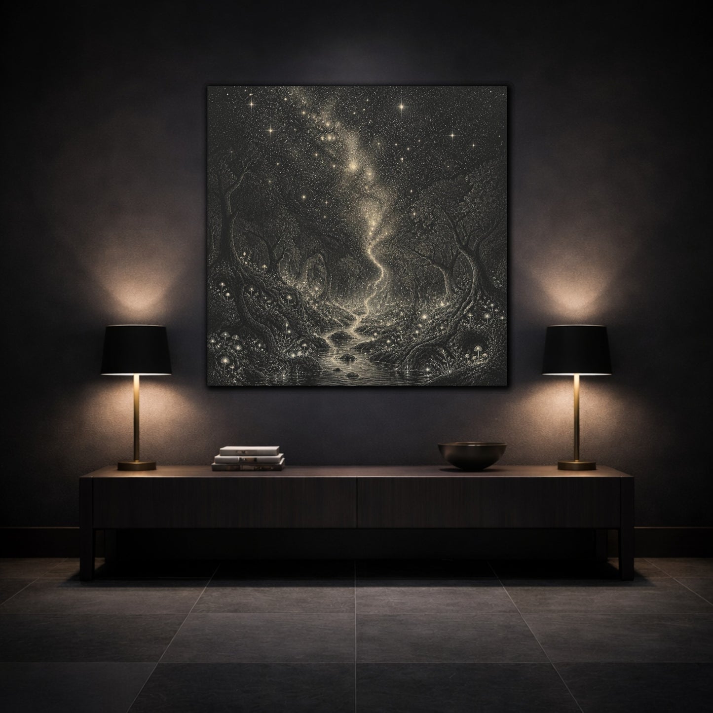 Mockup 3. Enchanted Starry Forest shown as canvas print