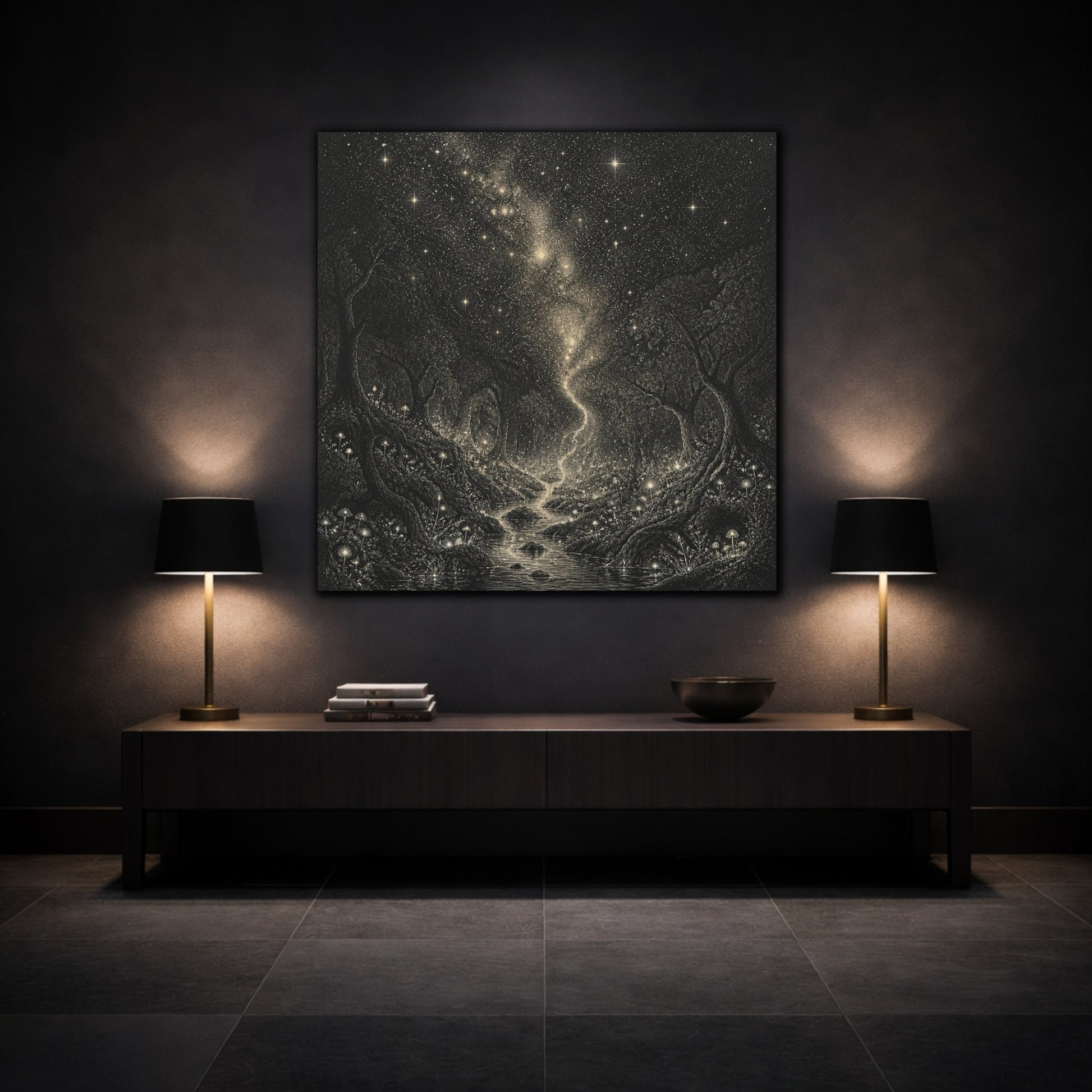 Mockup 3. Enchanted Starry Forest shown as canvas print