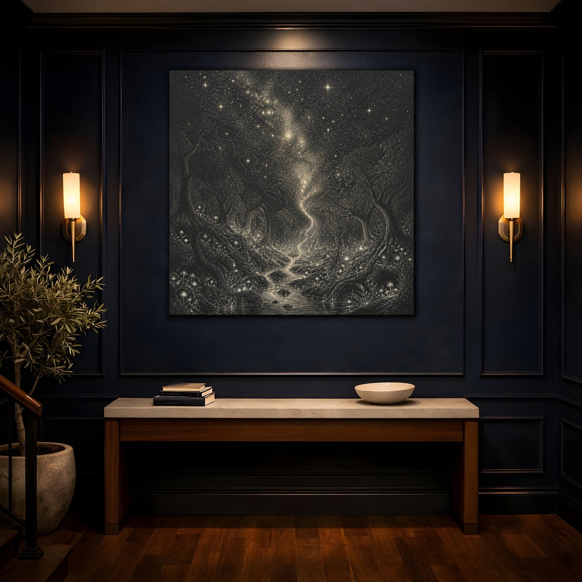 Mockup 4. Enchanted Starry Forest shown as canvas print