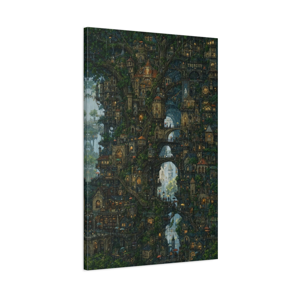 Main Mockup. Enchanted Tree City shown as canvas print