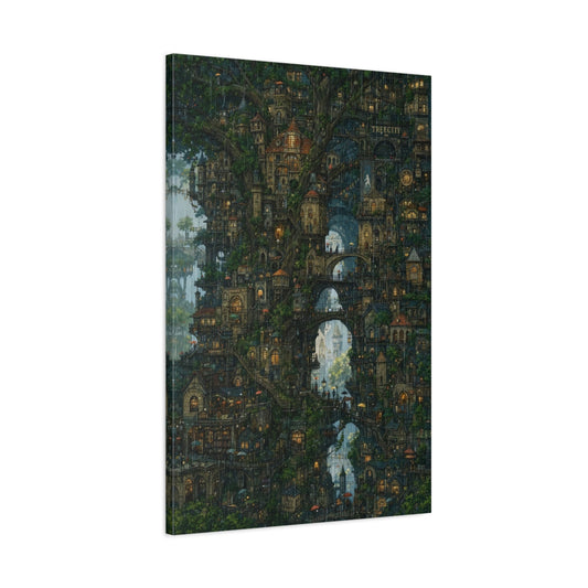 Main Mockup. Enchanted Tree City shown as canvas print