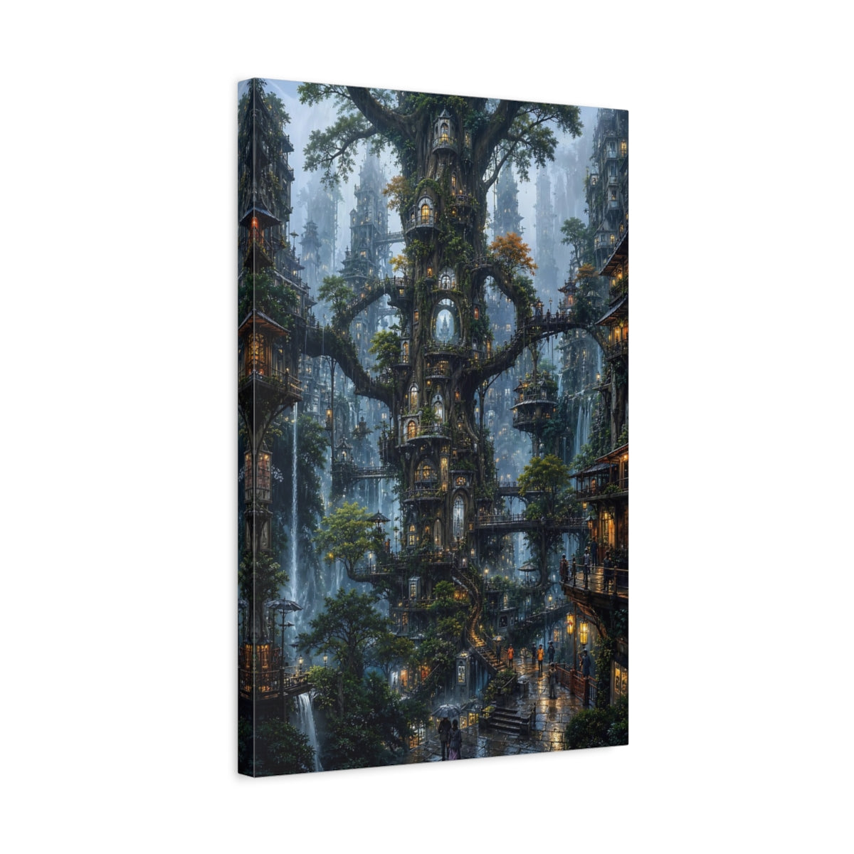 Side Mockup 3. Enchanted Tree City shown as canvas print