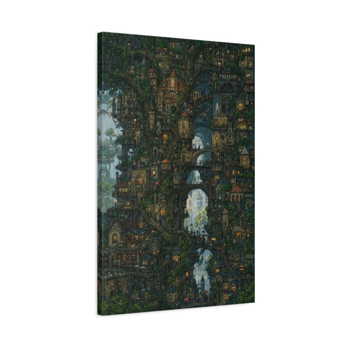 Side Mockup 2. Enchanted Tree City shown as canvas print