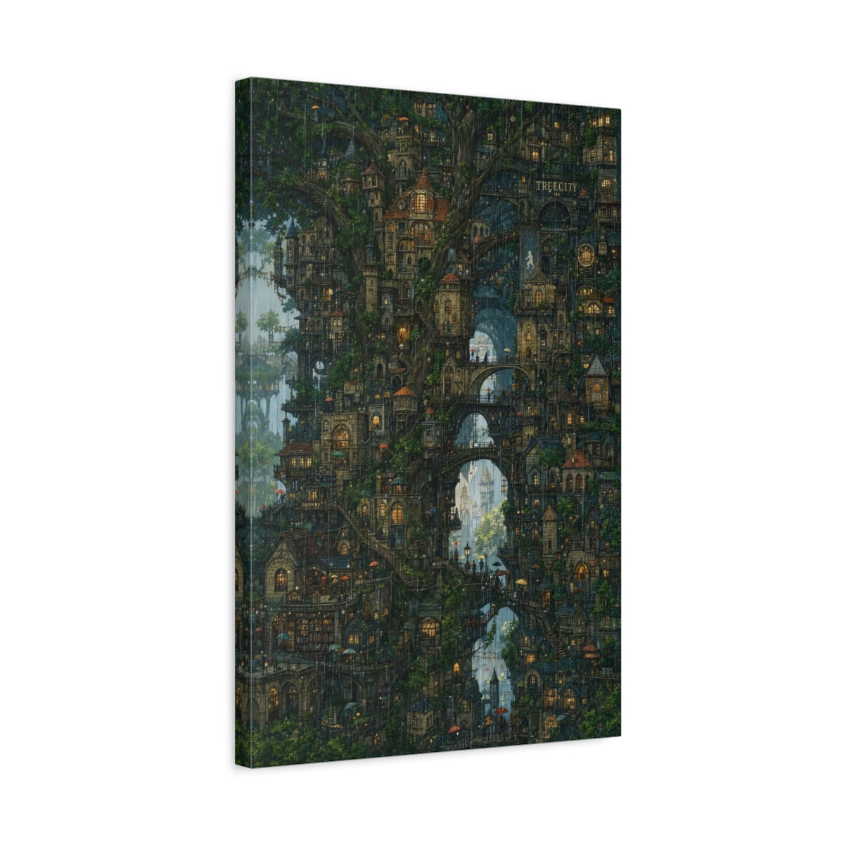 Side Mockup 3. Enchanted Tree City shown as canvas print