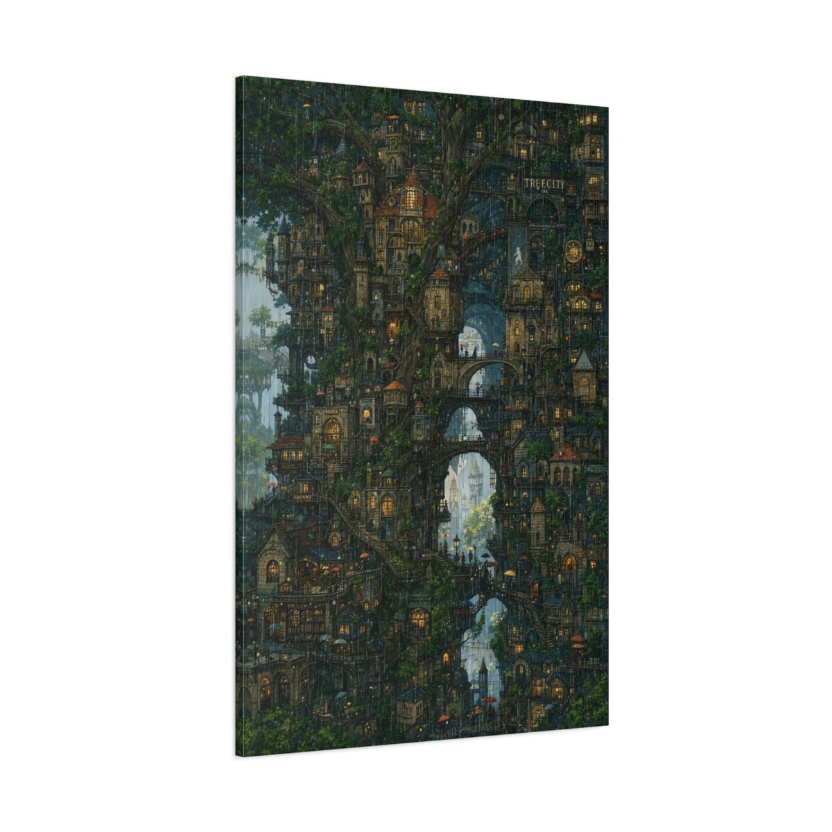 Side Mockup 1. Enchanted Tree City shown as canvas print