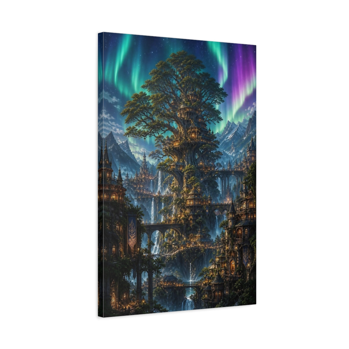 Side Mockup 2. Enchanted Tree City shown as canvas print