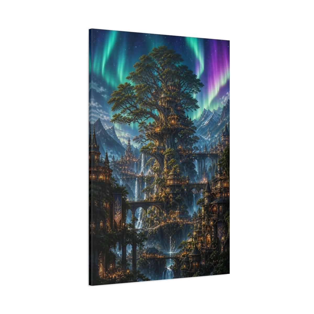 Side Mockup 1. Enchanted Tree City shown as canvas print
