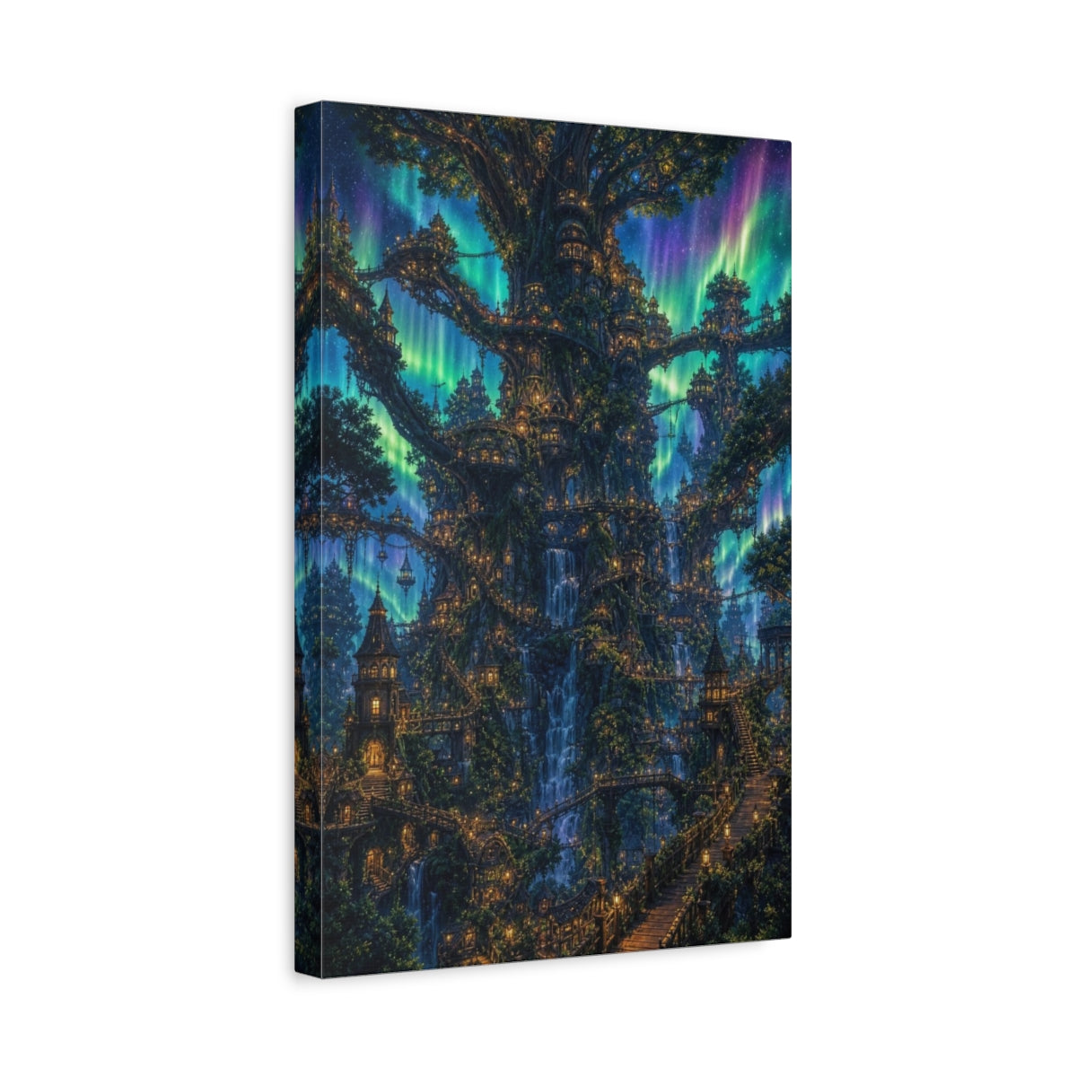 Side Mockup 4. Enchanted Tree City shown as canvas print