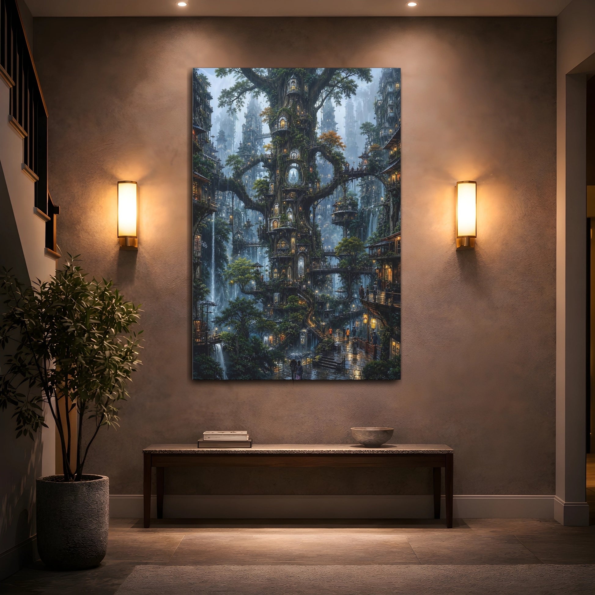 Mockup 2. Enchanted Tree City shown as canvas print