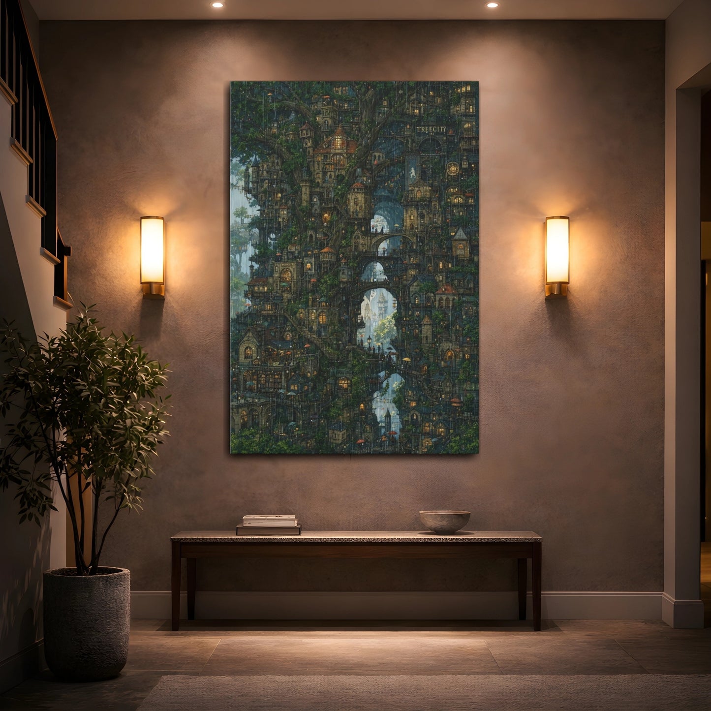 Mockup 2. Enchanted Tree City shown as canvas print