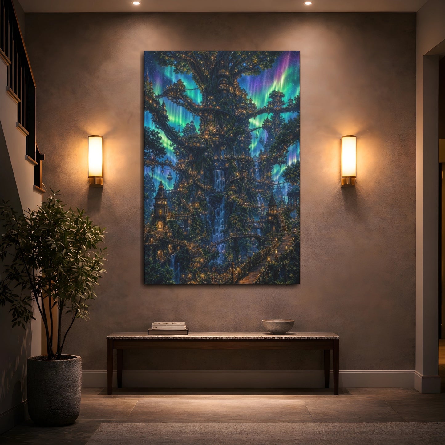 Mockup 2. Enchanted Tree City shown as canvas print