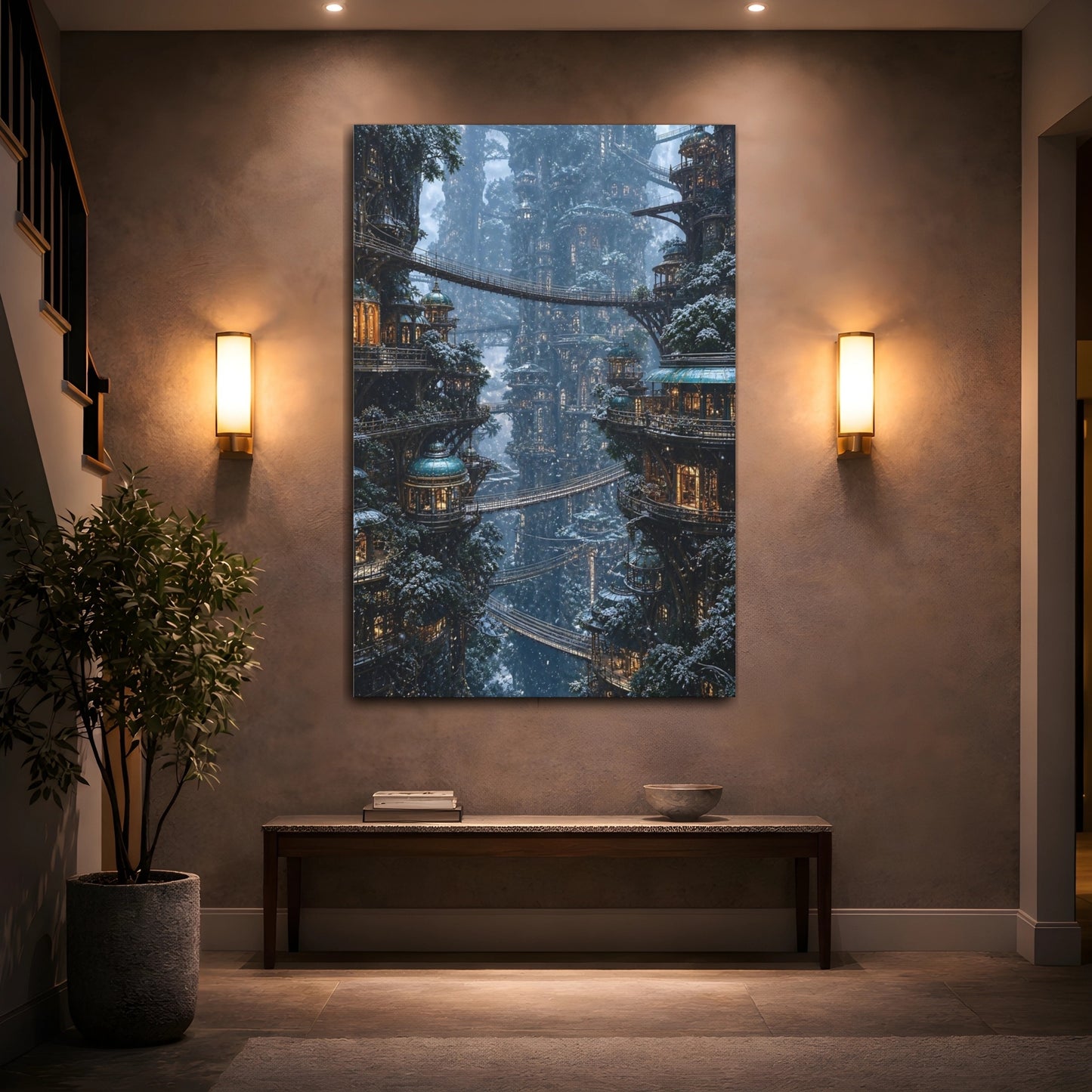 Mockup 2. Enchanted Tree City shown as canvas print