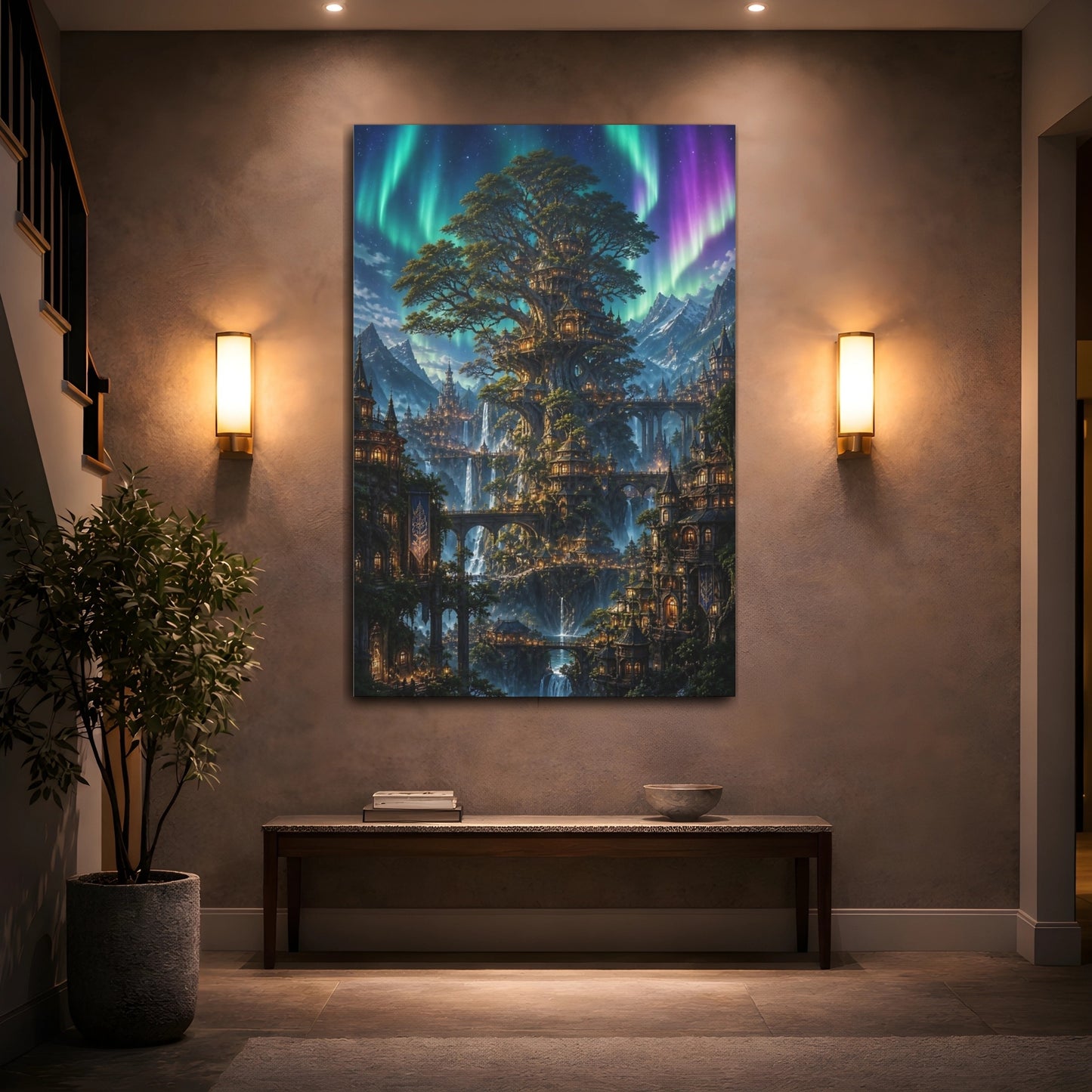 Mockup 2. Enchanted Tree City shown as canvas print