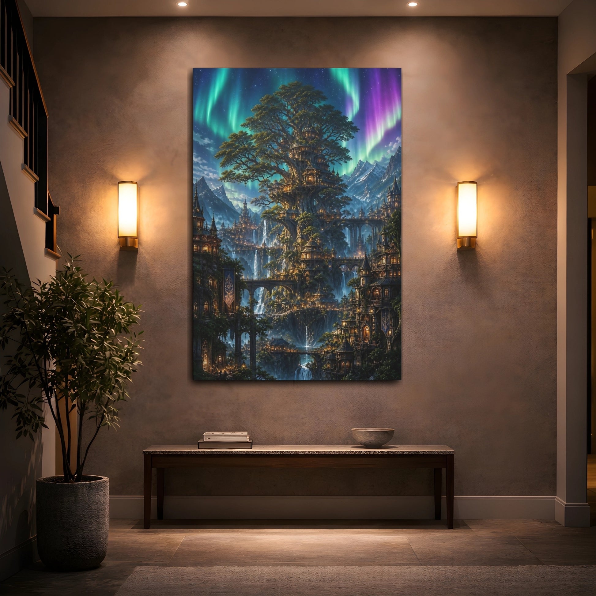 Mockup 2. Enchanted Tree City shown as canvas print