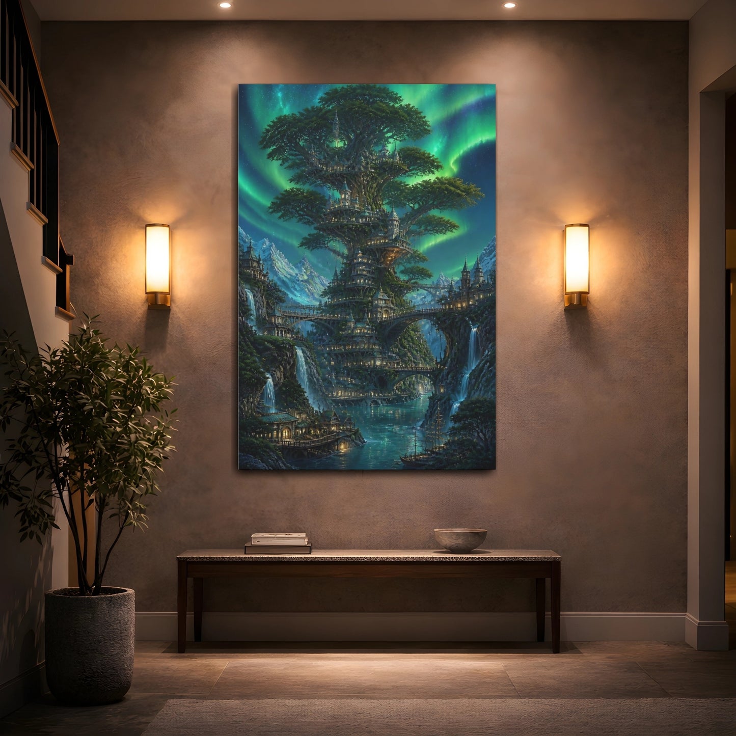 Mockup 2. Enchanted Tree City shown as canvas print