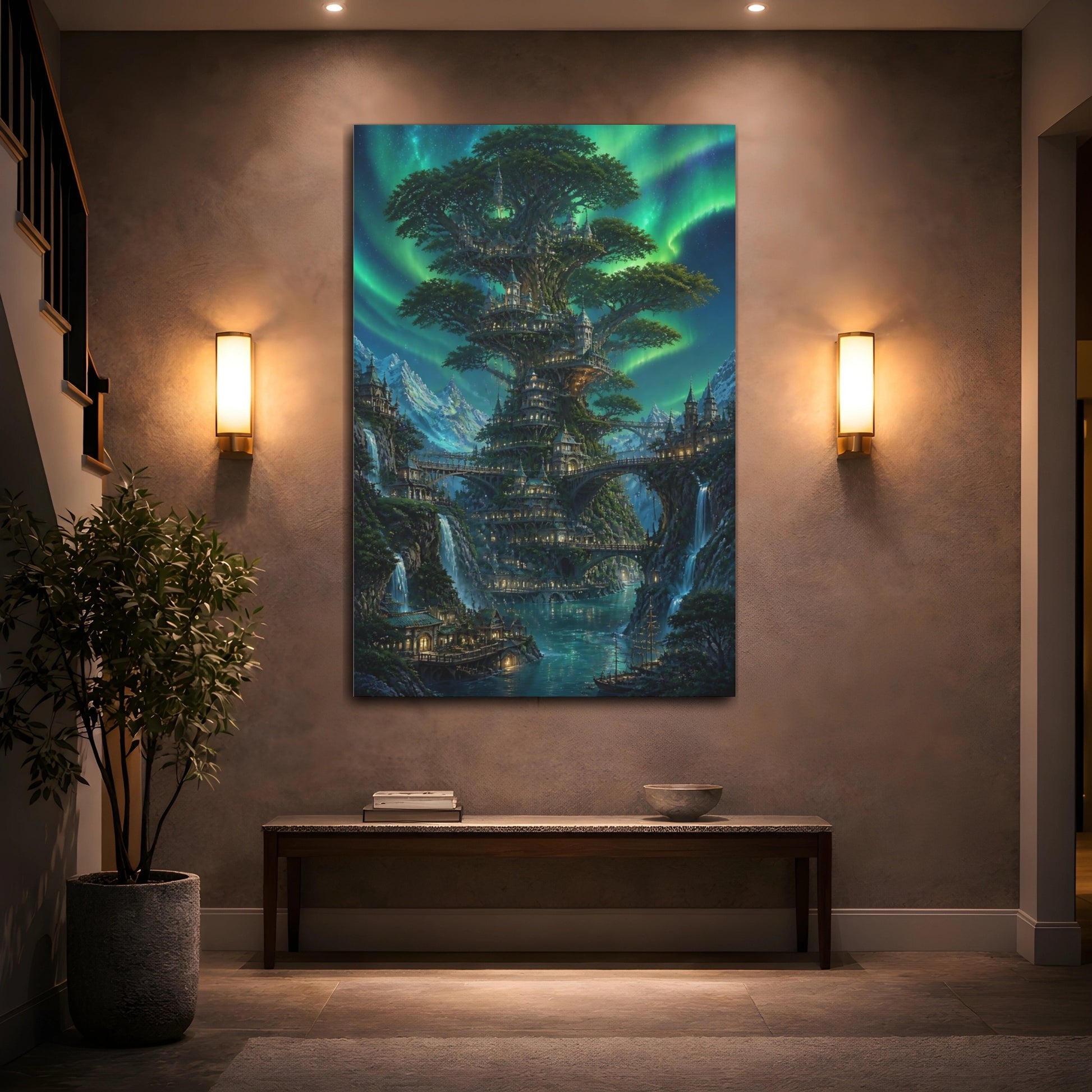Mockup 2. Enchanted Tree City shown as canvas print