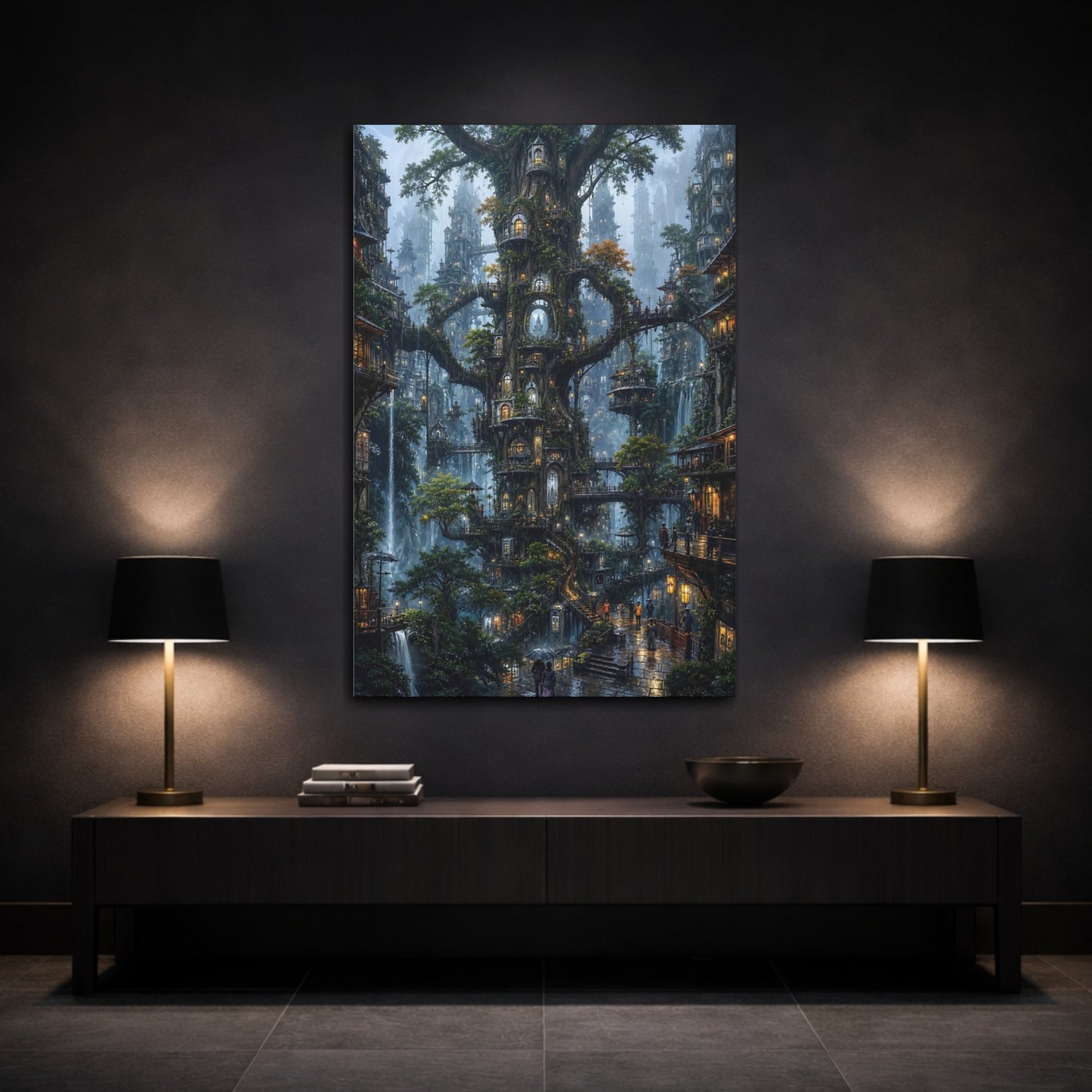 Mockup 3. Enchanted Tree City shown as canvas print