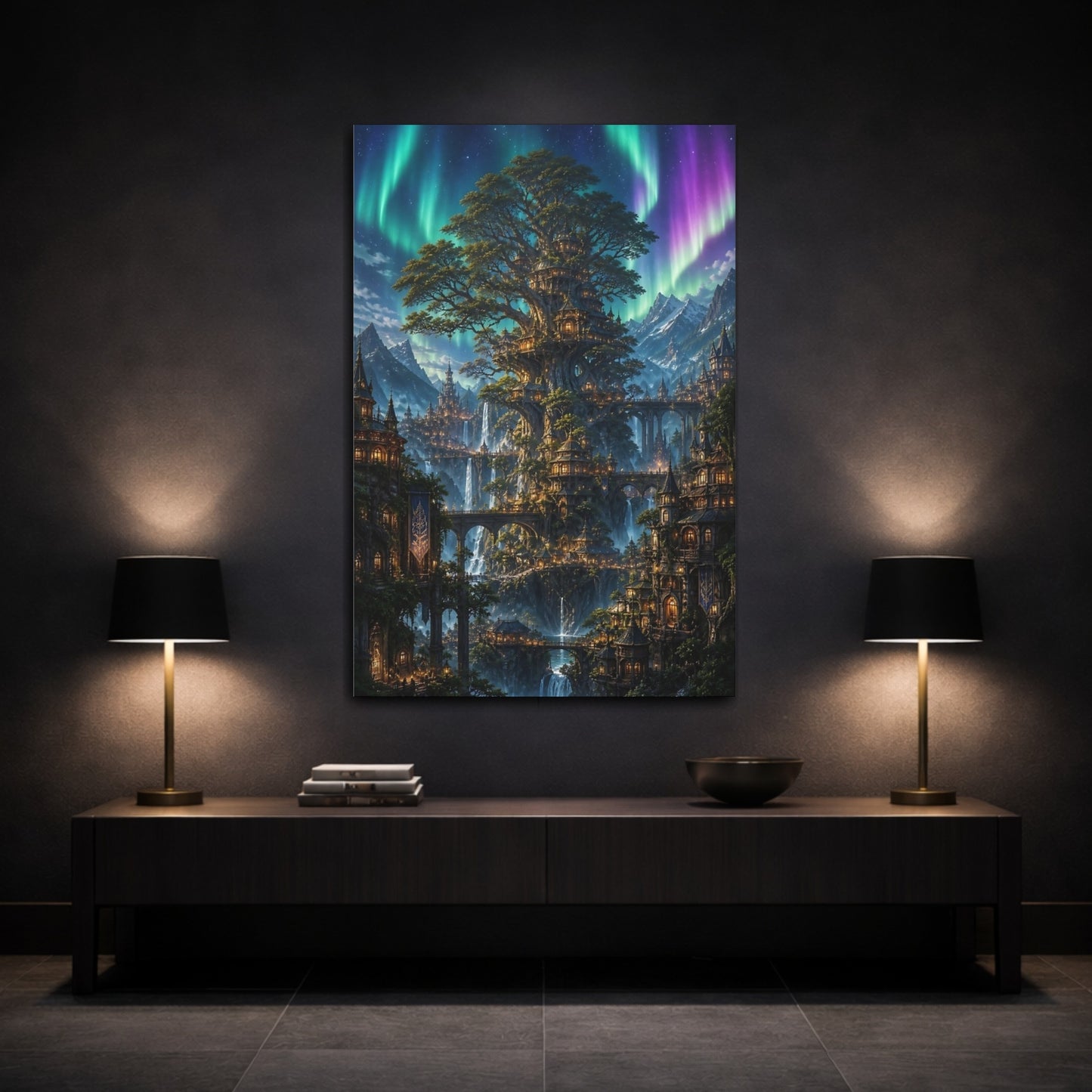 Mockup 3. Enchanted Tree City shown as canvas print