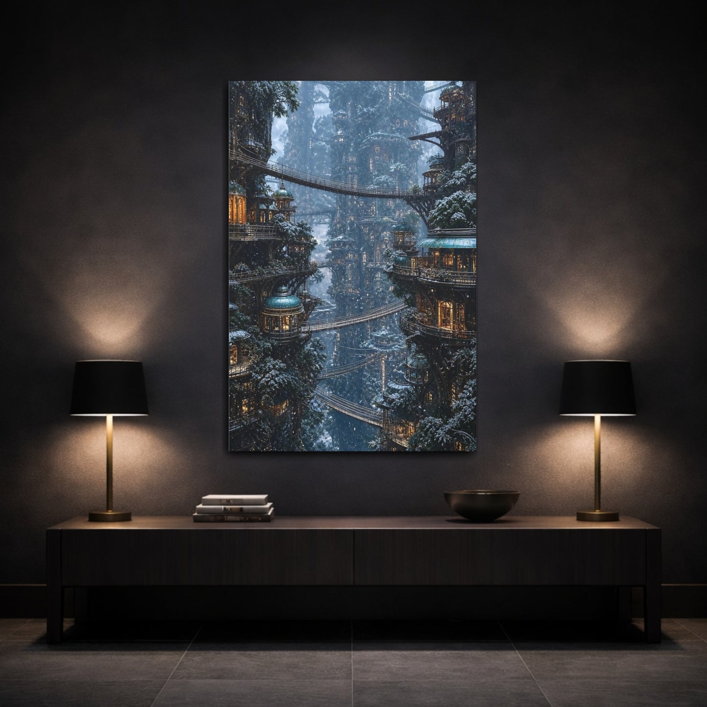 Mockup 3. Enchanted Tree City shown as canvas print