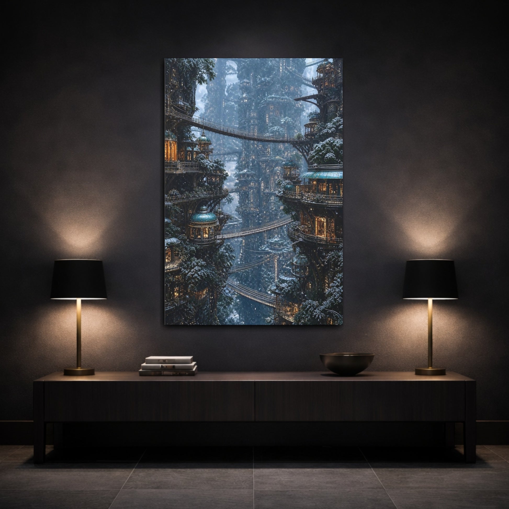 Mockup 3. Enchanted Tree City shown as canvas print