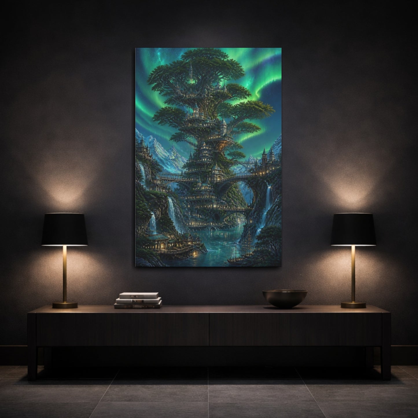 Mockup 3. Enchanted Tree City shown as canvas print